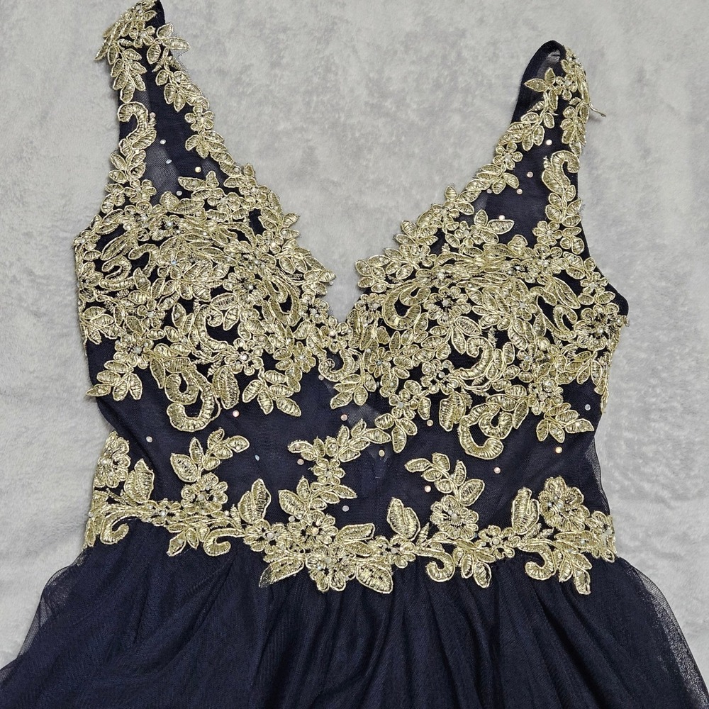Blondie Nites Whimsigoth Fairy Prom Dress Gold Filigree Navy Tulle Gothic Glam 1 - Picture 5 of 12